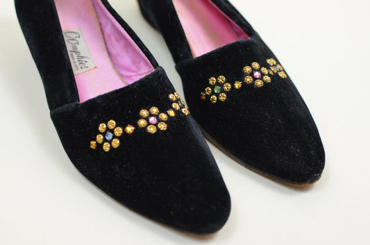8w Vintage 1940s Velvet Pointed Toe Slippers Vintage Rhinestone Slip on Shoes