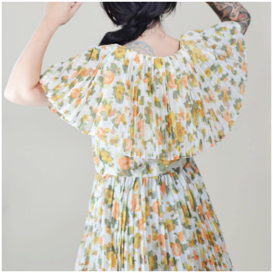28 waist VINTAGE 1970s Pleated Floral Dress Autumn Fall Colours