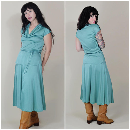 30 waist VINTAGE 1970s Two Piece Set Silky Disco Top and Skirt A Line Dress