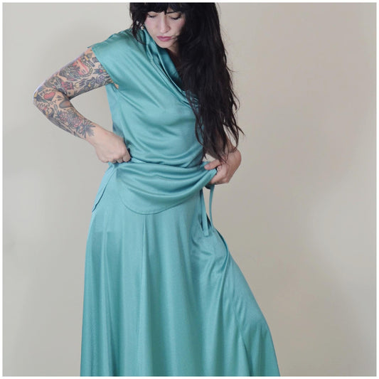 30 waist VINTAGE 1970s Two Piece Set Silky Disco Top and Skirt A Line Dress