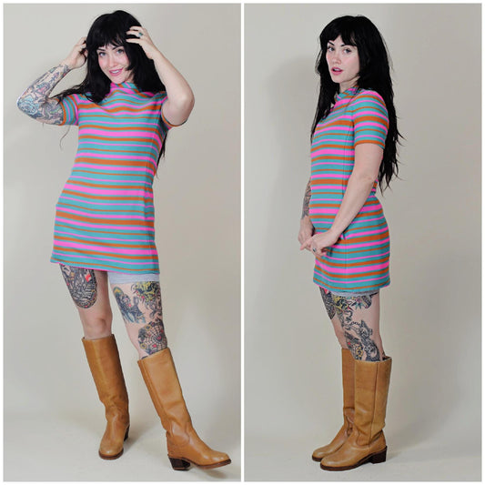 Petite xs 1960s Vintage Mod Mini Dress Wool Bright Colored Stripe micro dress