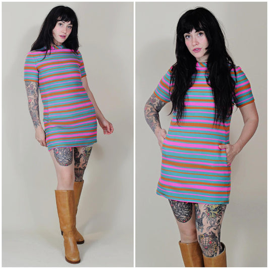 Petite xs 1960s Vintage Mod Mini Dress Wool Bright Colored Stripe micro dress