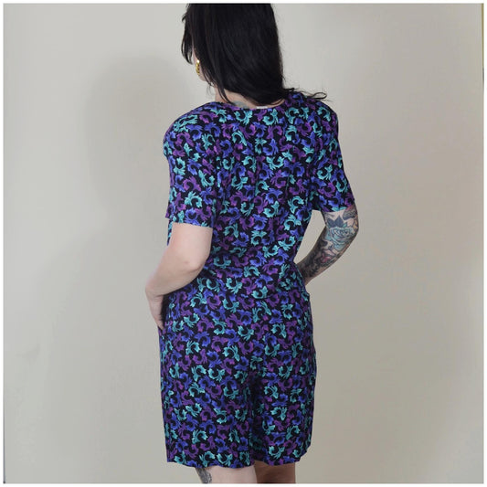 medium 1990s Two Piece Set vintage teal and purple 2-piece wide leg shorts crop blouse