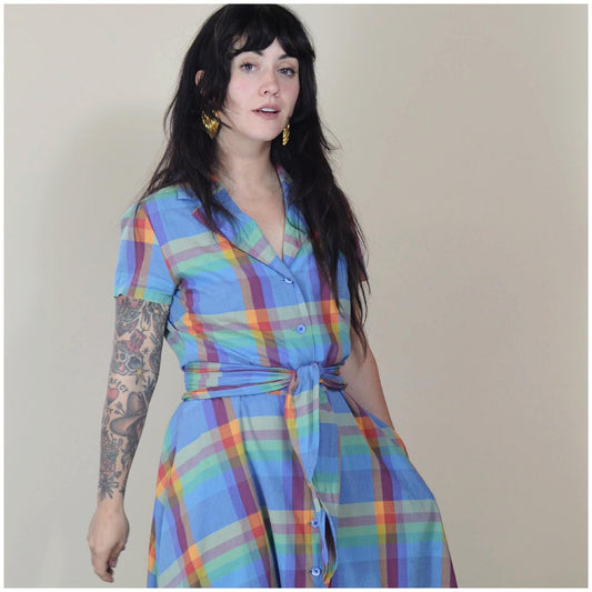 medium - 1990s COTTON Plaid Button Down Dress Wide Belt Full Skirt 90s Sundress