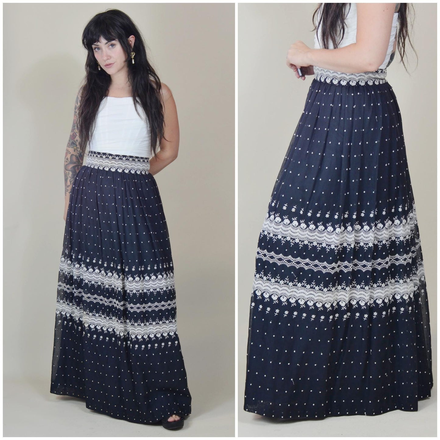 28 waist 1970s BILL TICE Vintage Maxi Skirt 70s Vintage Embroidered Full Skirt