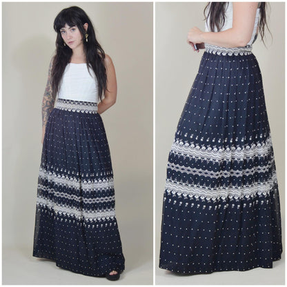 28 waist 1970s BILL TICE Vintage Maxi Skirt 70s Vintage Embroidered Full Skirt