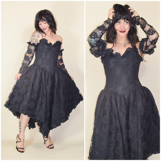 xs NEW LEAF 1980s Gothic Strapless Dress vintage goth 80s lace with gloves