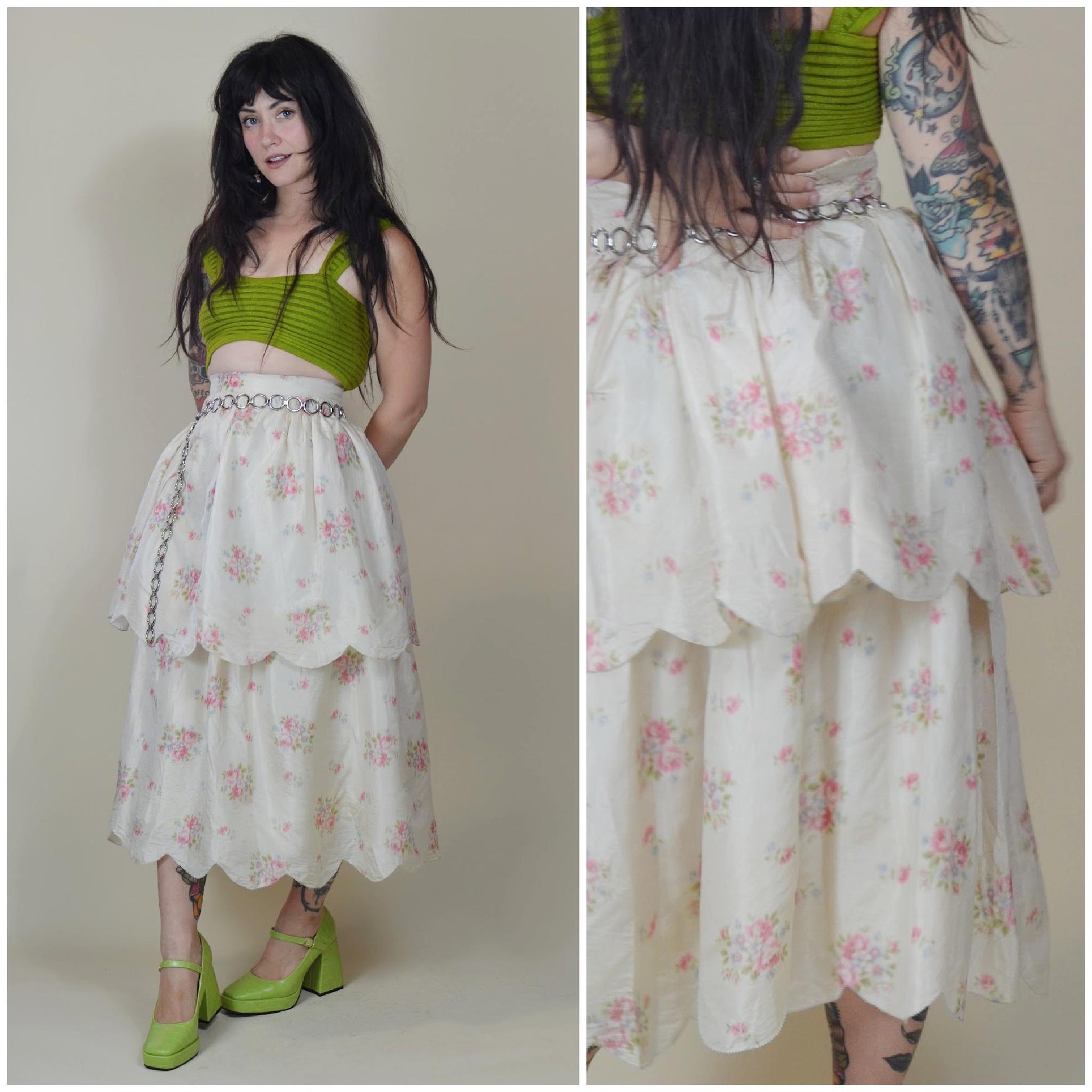 24 waist SILK 1900s Scalloped Skirt Victorian Era White Silk Floral Romantic
