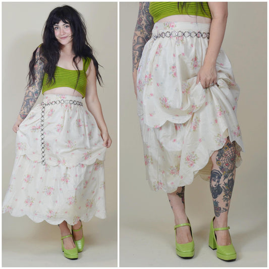 24 waist SILK 1900s Scalloped Skirt Victorian Era White Silk Floral Romantic
