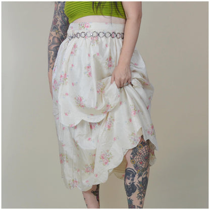 24 waist SILK 1900s Scalloped Skirt Victorian Era White Silk Floral Romantic