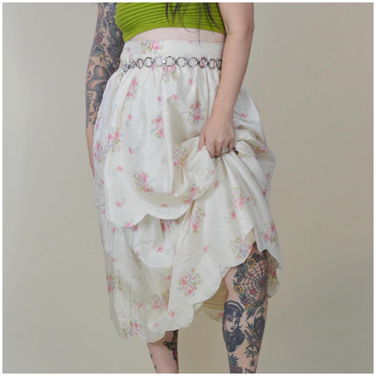 24 waist SILK 1900s Scalloped Skirt Victorian Era White Silk Floral Romantic