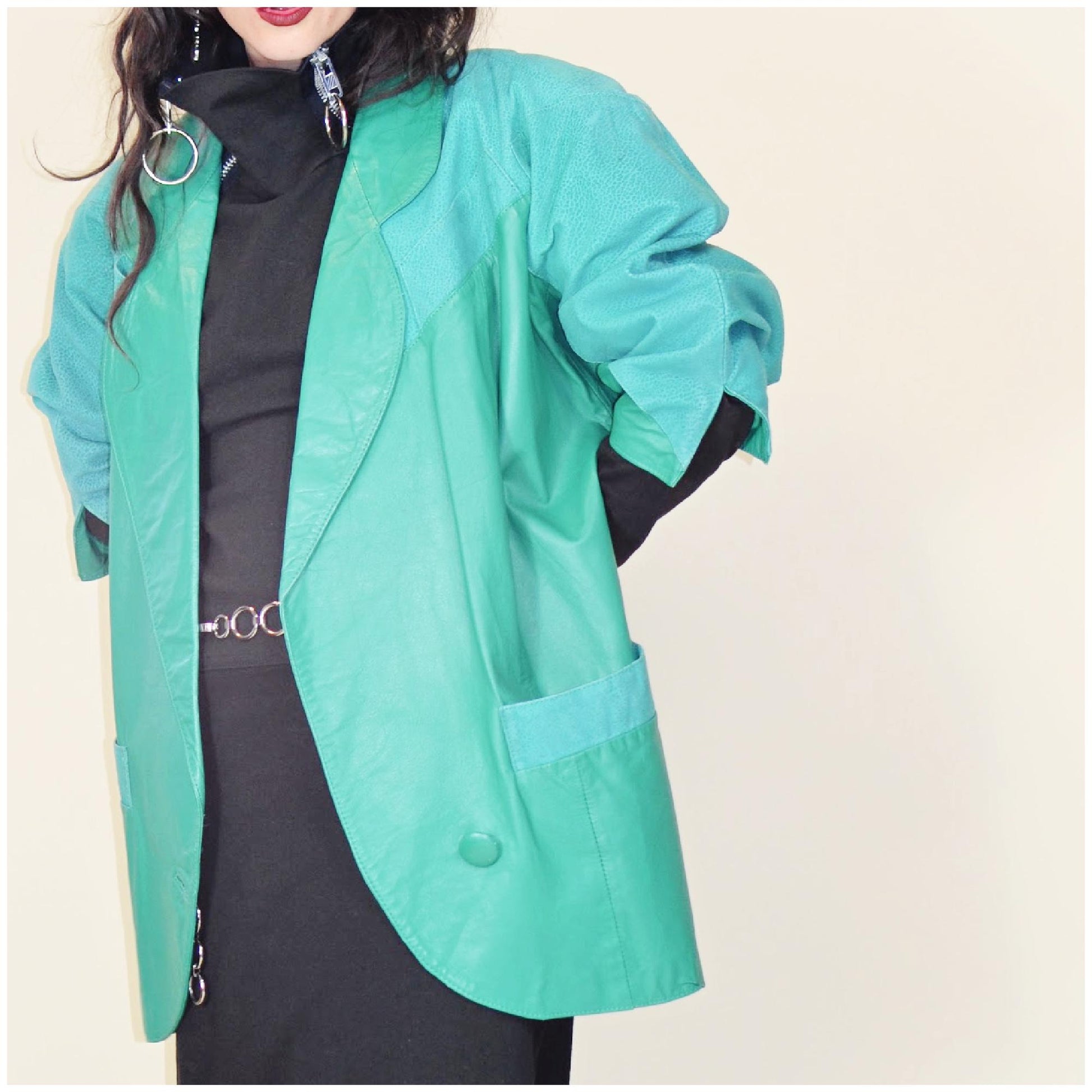 large 1980s Teal Leather Jacket Vintage Batwing 80s Avant Garde Oversized Coat