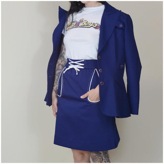 xs 1960s Vintage Mini Skirt Deep Blue Skort 60s Mod Mini teardrop pockets