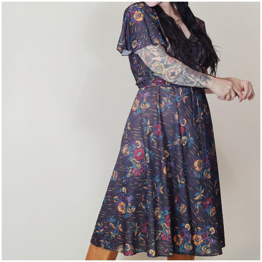 Medium - 1970s Fall Floral Midi Dress Vintage Flutter Sleeve Semi Sheer Dress