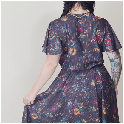 Medium - 1970s Fall Floral Midi Dress Vintage Flutter Sleeve Semi Sheer Dress