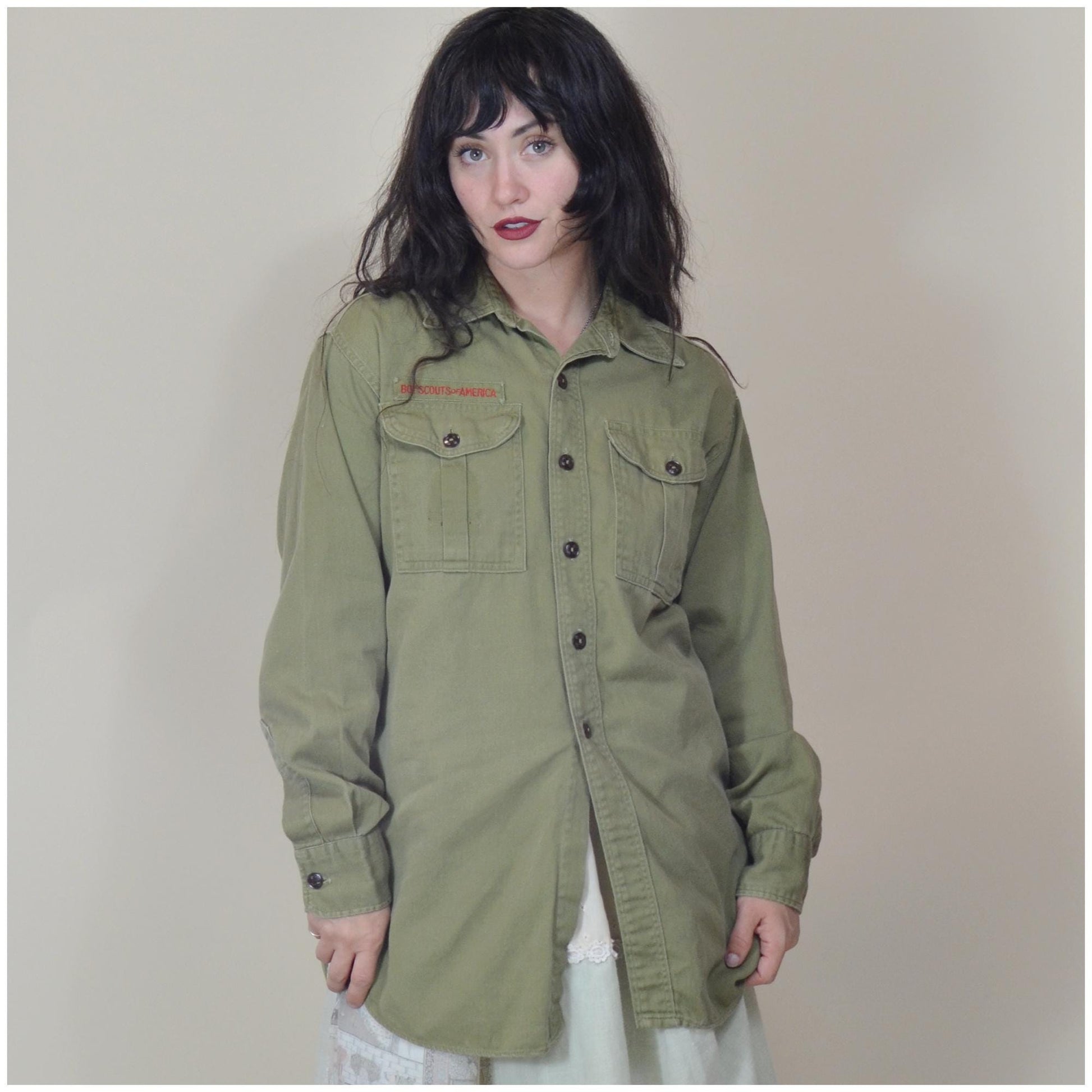 medium 1960s Forest Green Cotton Button Down Shirt Mens BOY SCOUTS of America 70s