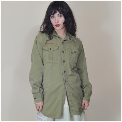 medium 1960s Forest Green Cotton Button Down Shirt Mens BOY SCOUTS of America 70s