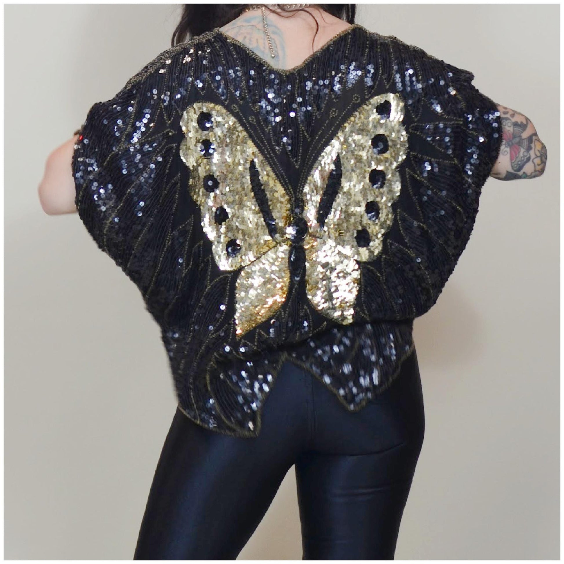 S-M 1970s DISCO Butterfly Blouse Silk Black and Gold Sequin Top Vintage Dancing