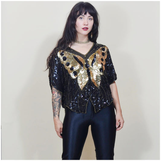 S-M 1970s DISCO Butterfly Blouse Silk Black and Gold Sequin Top Vintage Dancing