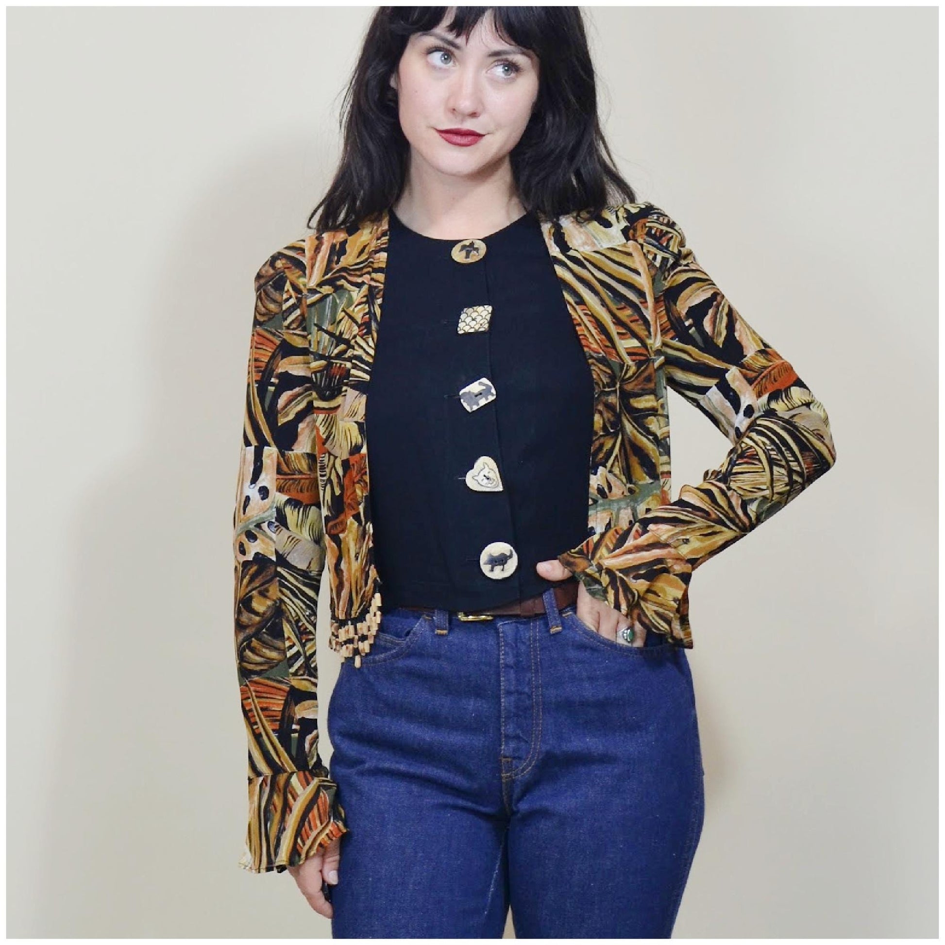 XS - S Vintage PLATINUM Brand Rayon Blouse Jungle Print Fringe Crop Petite Top
