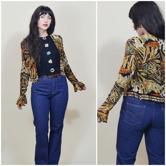 XS - S Vintage PLATINUM Brand Rayon Blouse Jungle Print Fringe Crop Petite Top