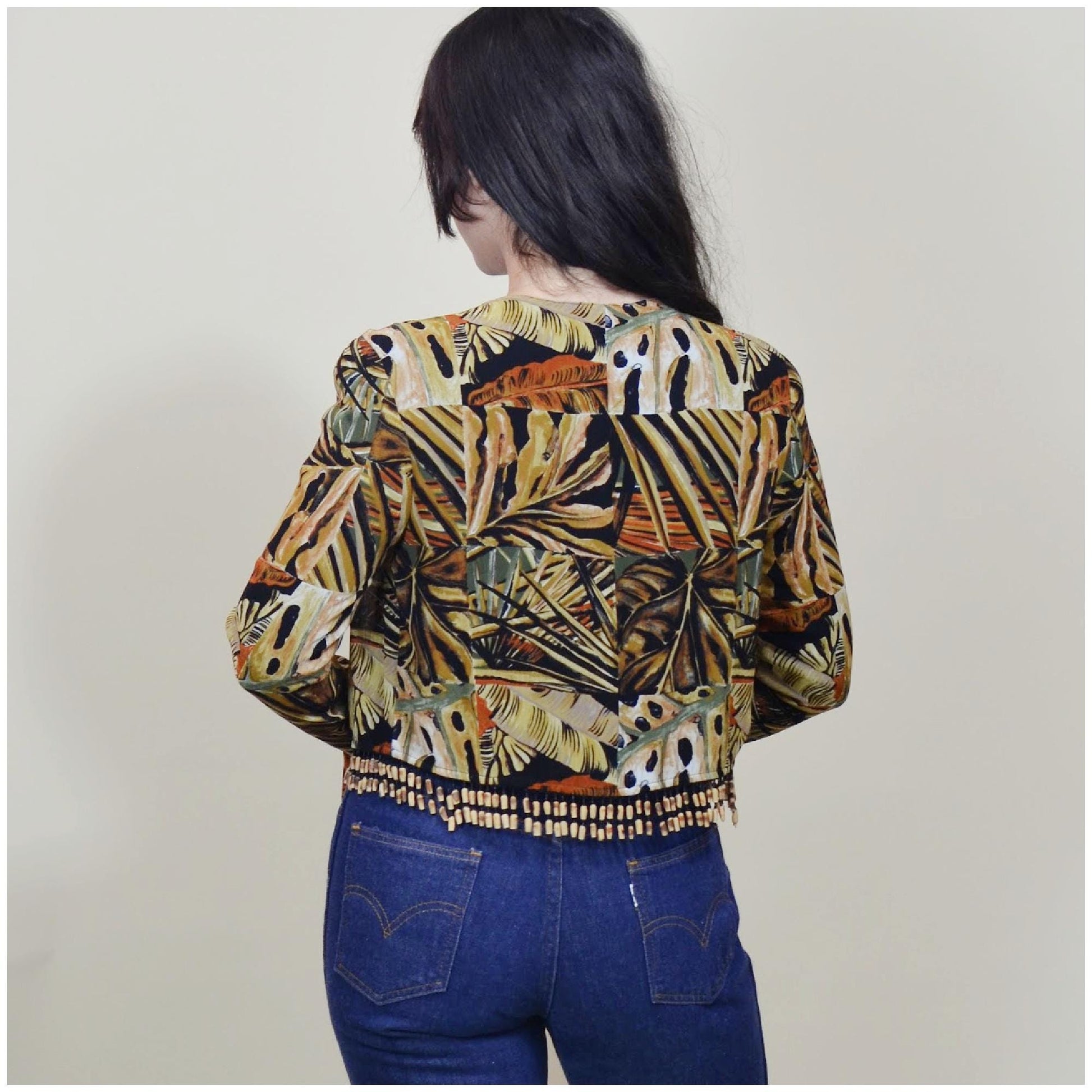 XS - S Vintage PLATINUM Brand Rayon Blouse Jungle Print Fringe Crop Petite Top