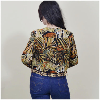 XS - S Vintage PLATINUM Brand Rayon Blouse Jungle Print Fringe Crop Petite Top