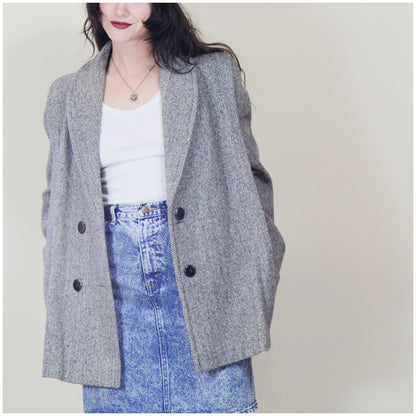 MEDIUM 1980s Grey Cropped Boxy Tweed Jacket 80s Herman Kay
