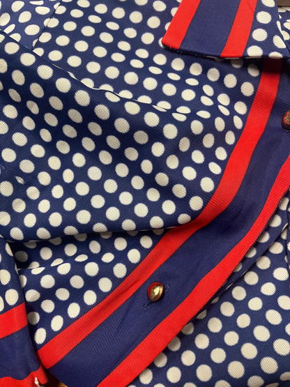 medium 1960s Vintage Shift Dress 60s Button Down Blue and Red Midi Dress POLKA DOT