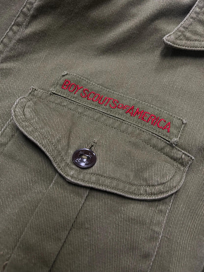 medium 1960s Forest Green Cotton Button Down Shirt Mens BOY SCOUTS of America 70s