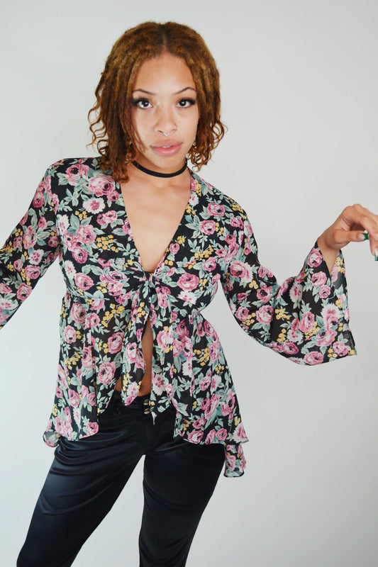 Vintage 1990's Floral Crop Split Top Selected By Old Moon Vintage