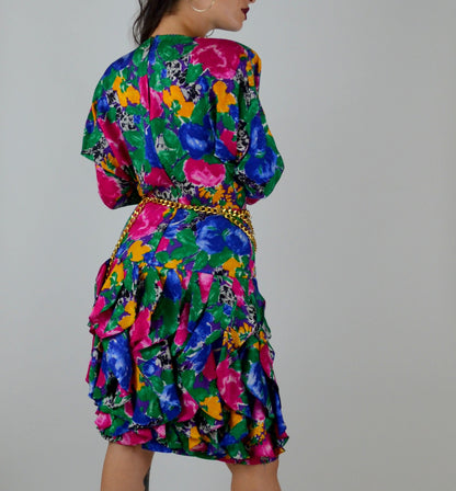 1990s Dress | Small | Vintage SILK Floral Dress 90s Preppy Drop Waist Ruffle Skirt