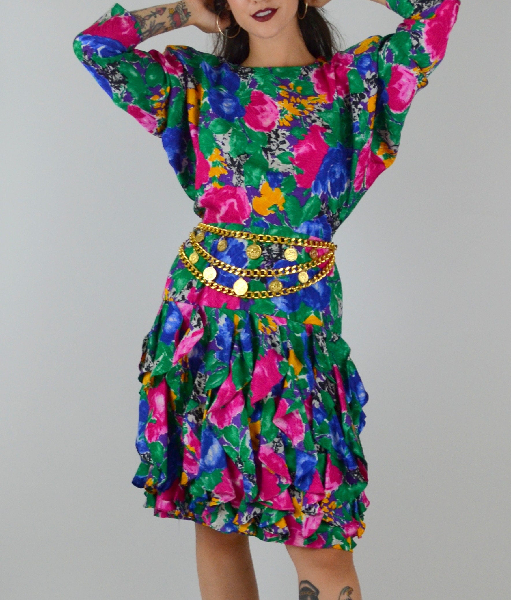 1990s Dress | Small | Vintage SILK Floral Dress 90s Preppy Drop Waist Ruffle Skirt