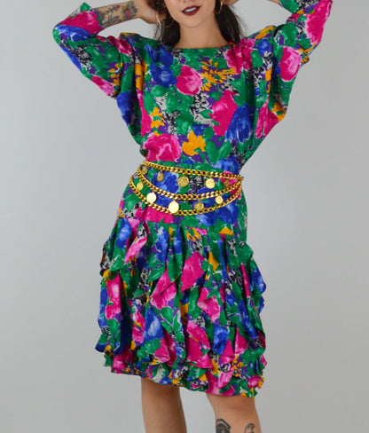 1990s Dress | Small | Vintage SILK Floral Dress 90s Preppy Drop Waist Ruffle Skirt
