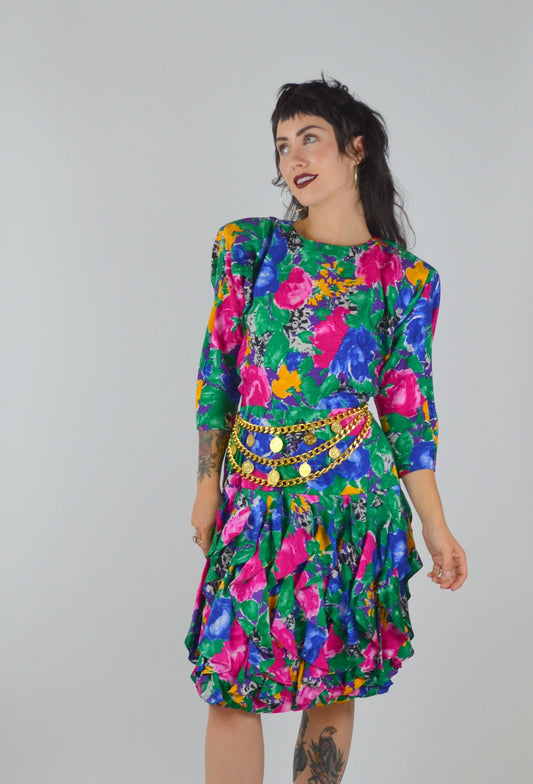1990s Dress | Small | Vintage SILK Floral Dress 90s Preppy Drop Waist Ruffle Skirt