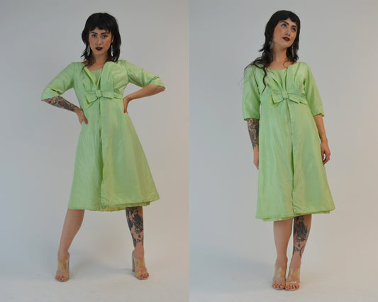 XS/SMALL 1960s Two Piece Dress Set Vintage Pistachio Green Wiggle Dress with Overcoat 60s Mad Men Outfit