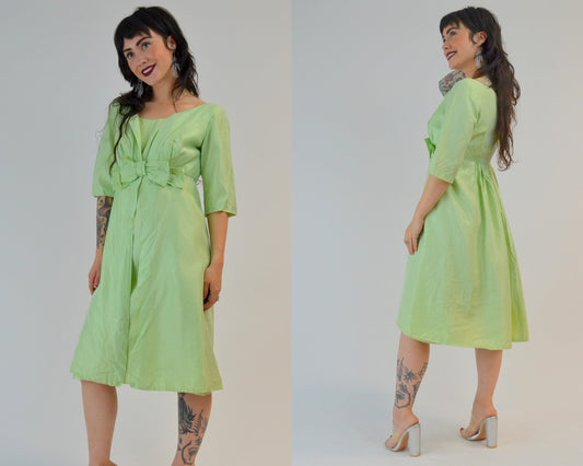 XS/SMALL 1960s Two Piece Dress Set Vintage Pistachio Green Wiggle Dress with Overcoat 60s Mad Men Outfit