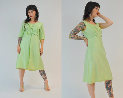 XS/SMALL 1960s Two Piece Dress Set Vintage Pistachio Green Wiggle Dress with Overcoat 60s Mad Men Outfit