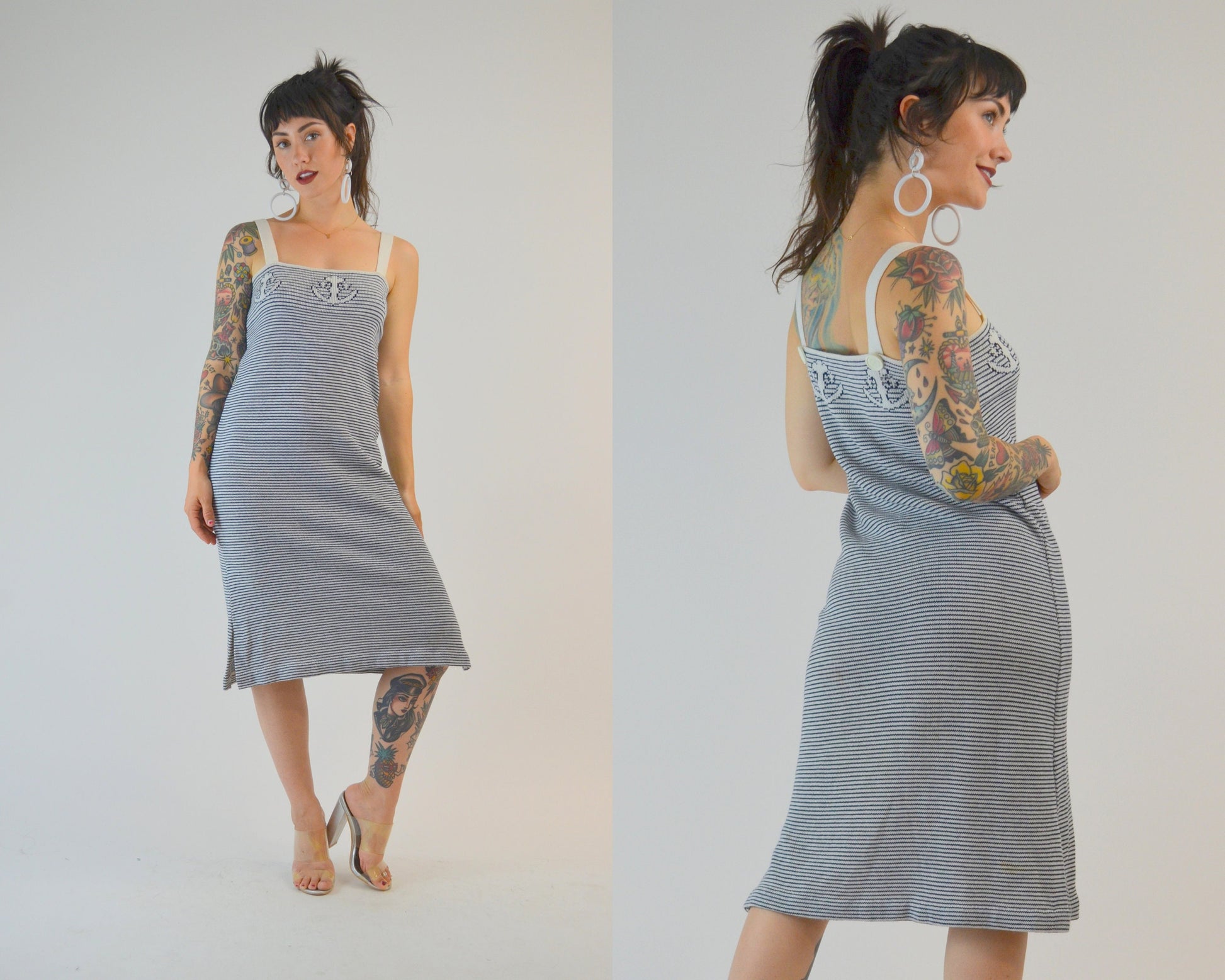SMALL - MEDiUM 70s TED LAPIDUS Knit Dress Vintage Anchor Print Summer Dress 1970s Nautical Stripe Mini Dress