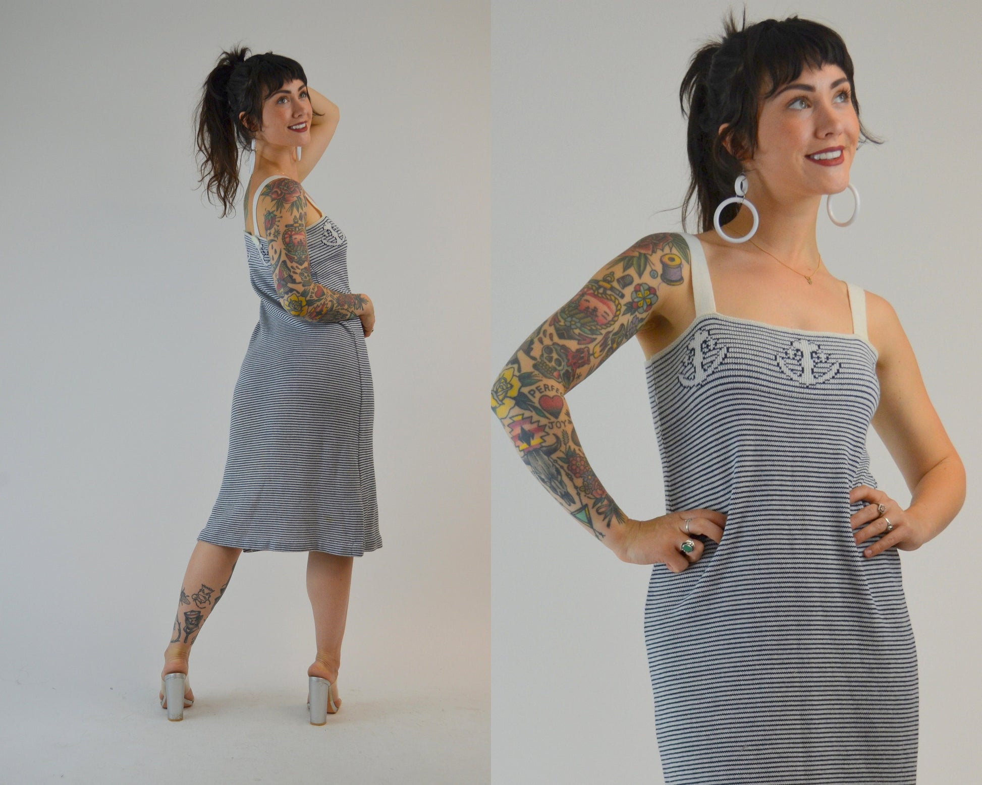 SMALL - MEDiUM 70s TED LAPIDUS Knit Dress Vintage Anchor Print Summer Dress 1970s Nautical Stripe Mini Dress