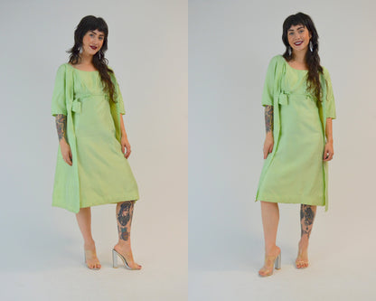 XS/SMALL 1960s Two Piece Dress Set Vintage Pistachio Green Wiggle Dress with Overcoat 60s Mad Men Outfit