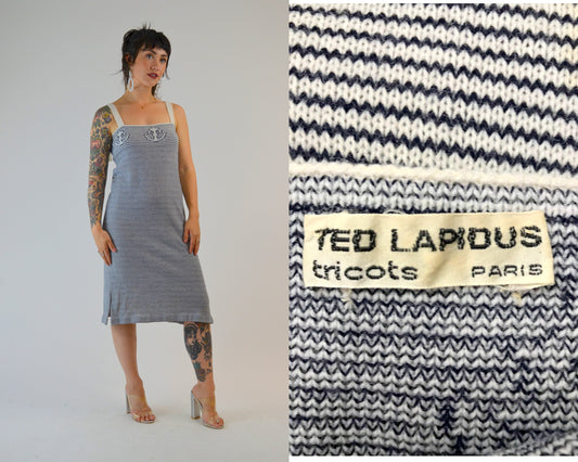 SMALL - MEDiUM 70s TED LAPIDUS Knit Dress Vintage Anchor Print Summer Dress 1970s Nautical Stripe Mini Dress
