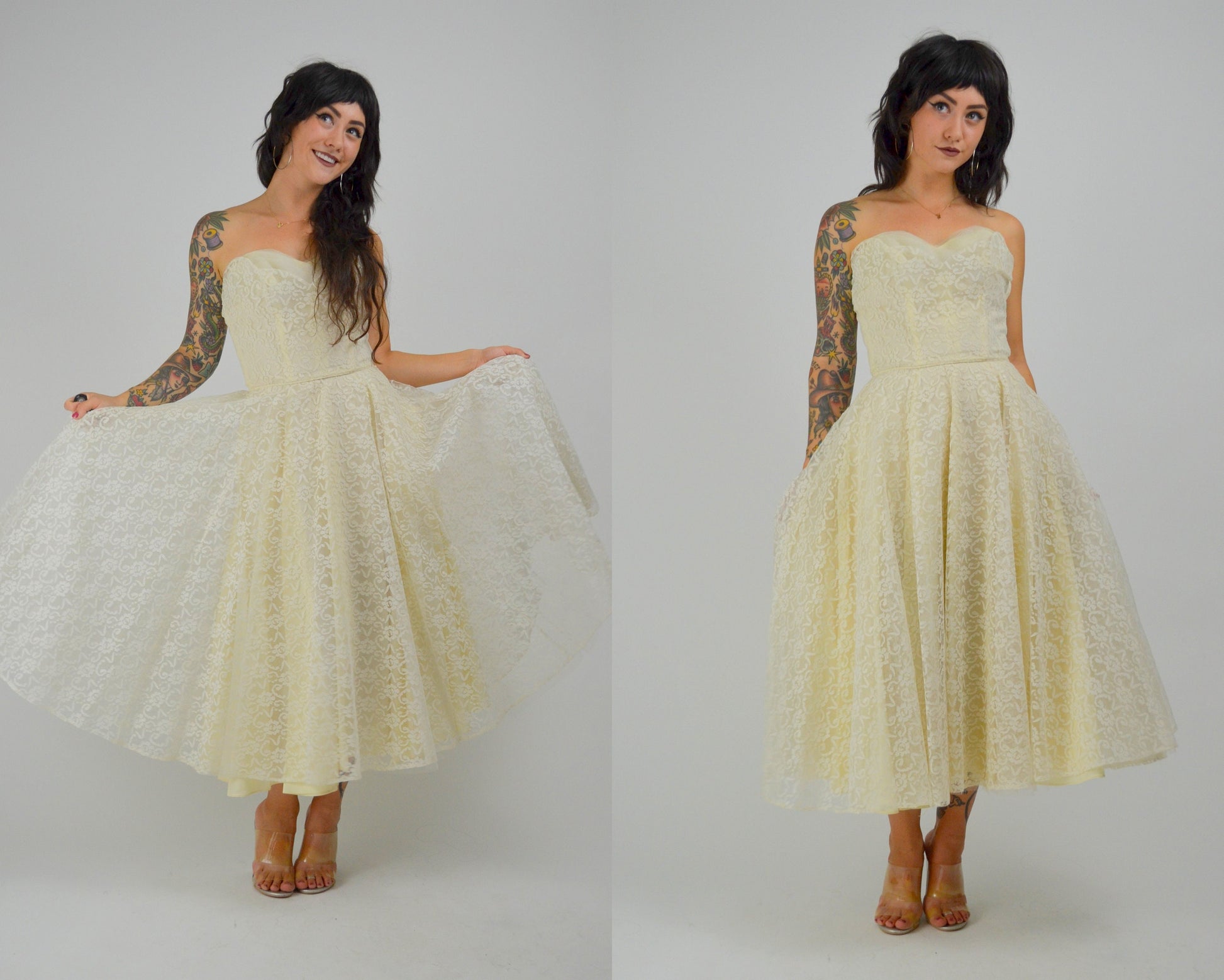 XS 1950 Wedding Dress Strapless Tea Length Prom Dress 50s Crumb Catcher Bodice Lace Mid Century Bride LORRIE DEB