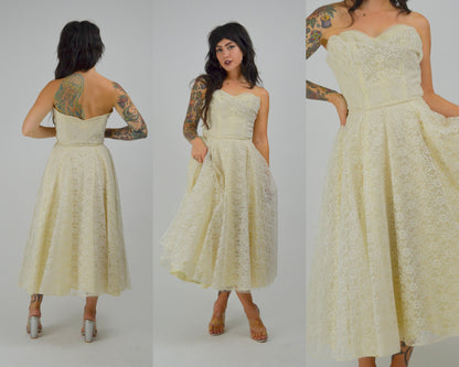 XS 1950 Wedding Dress Strapless Tea Length Prom Dress 50s Crumb Catcher Bodice Lace Mid Century Bride LORRIE DEB