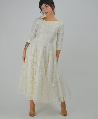 XS 1950 Wedding Dress Vintage White Lace 50s Prom Dress Mid Length Sleeves Mid Century Bride