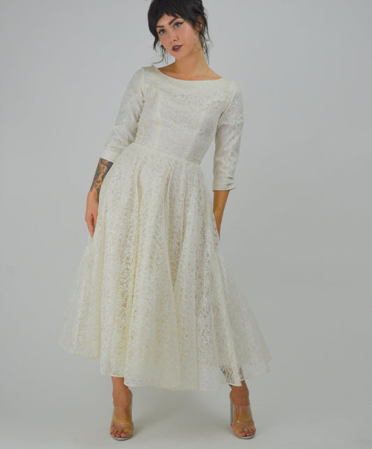 XS 1950 Wedding Dress Vintage White Lace 50s Prom Dress Mid Length Sleeves Mid Century Bride