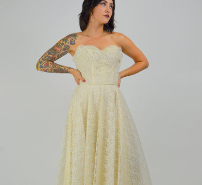XS 1950 Wedding Dress Strapless Tea Length Prom Dress 50s Crumb Catcher Bodice Lace Mid Century Bride LORRIE DEB