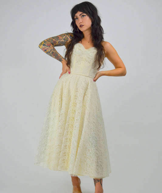 XS 1950 Wedding Dress Strapless Tea Length Prom Dress 50s Crumb Catcher Bodice Lace Mid Century Bride LORRIE DEB