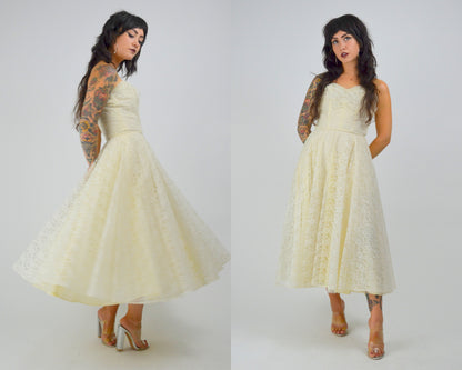 XS 1950 Wedding Dress Strapless Tea Length Prom Dress 50s Crumb Catcher Bodice Lace Mid Century Bride LORRIE DEB