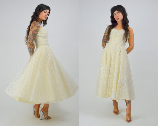 XS 1950 Wedding Dress Strapless Tea Length Prom Dress 50s Crumb Catcher Bodice Lace Mid Century Bride LORRIE DEB
